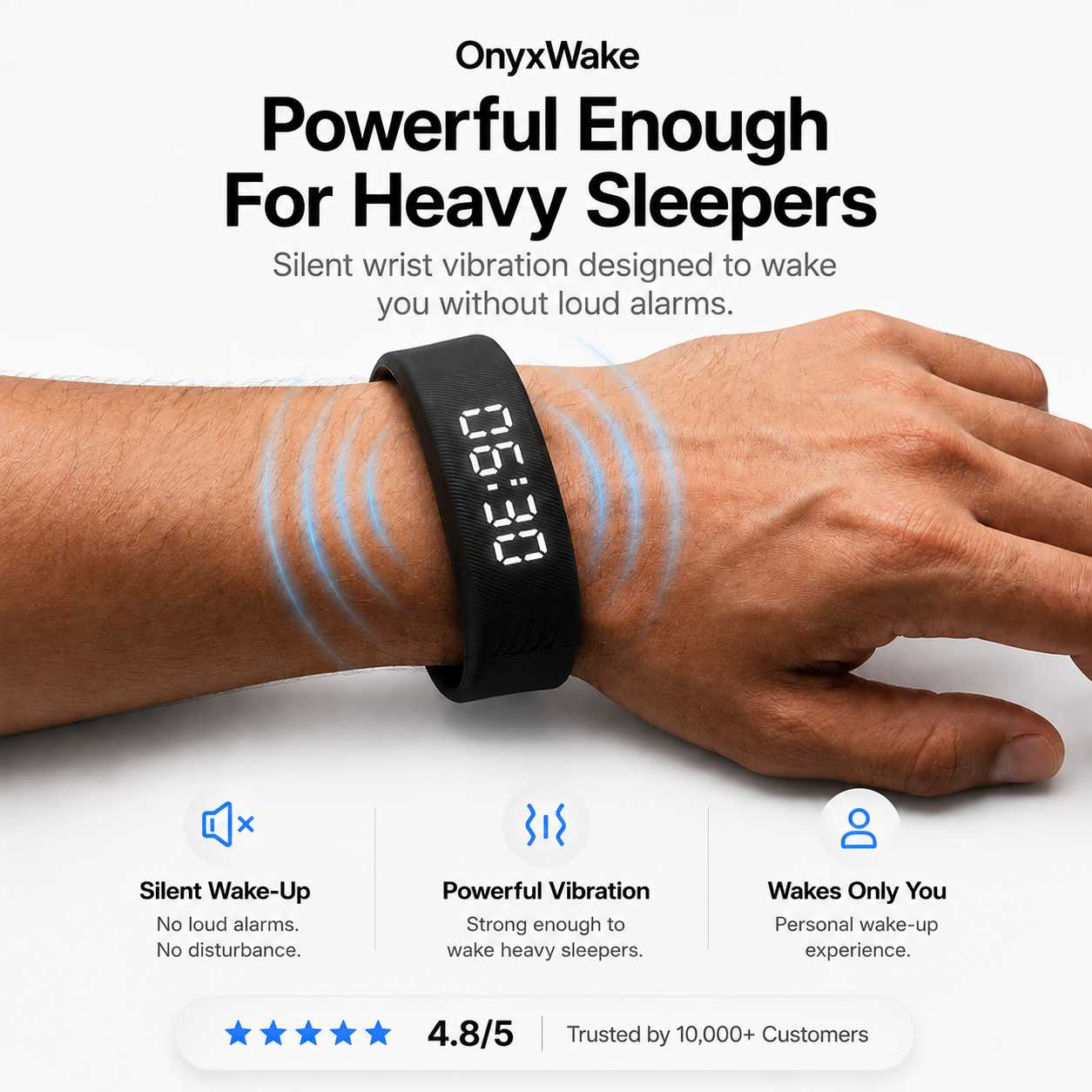 Powerful wrist vibration that wakes heavy sleepers silently
