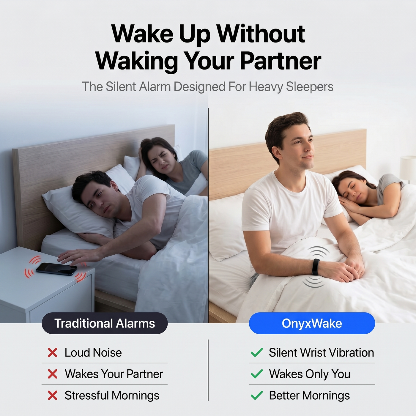 OnyxWake silent alarm vs loud traditional alarm clock comparison