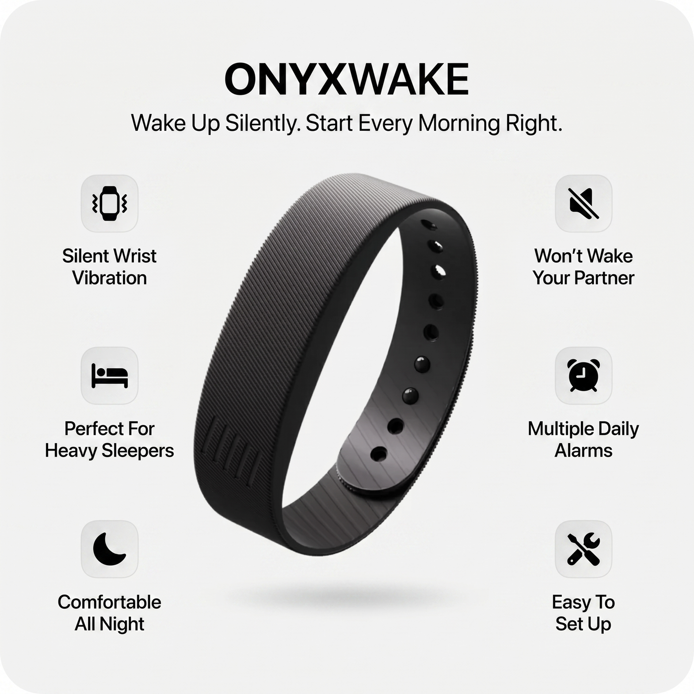 OnyxWake silent vibrating wrist alarm worn on a wrist