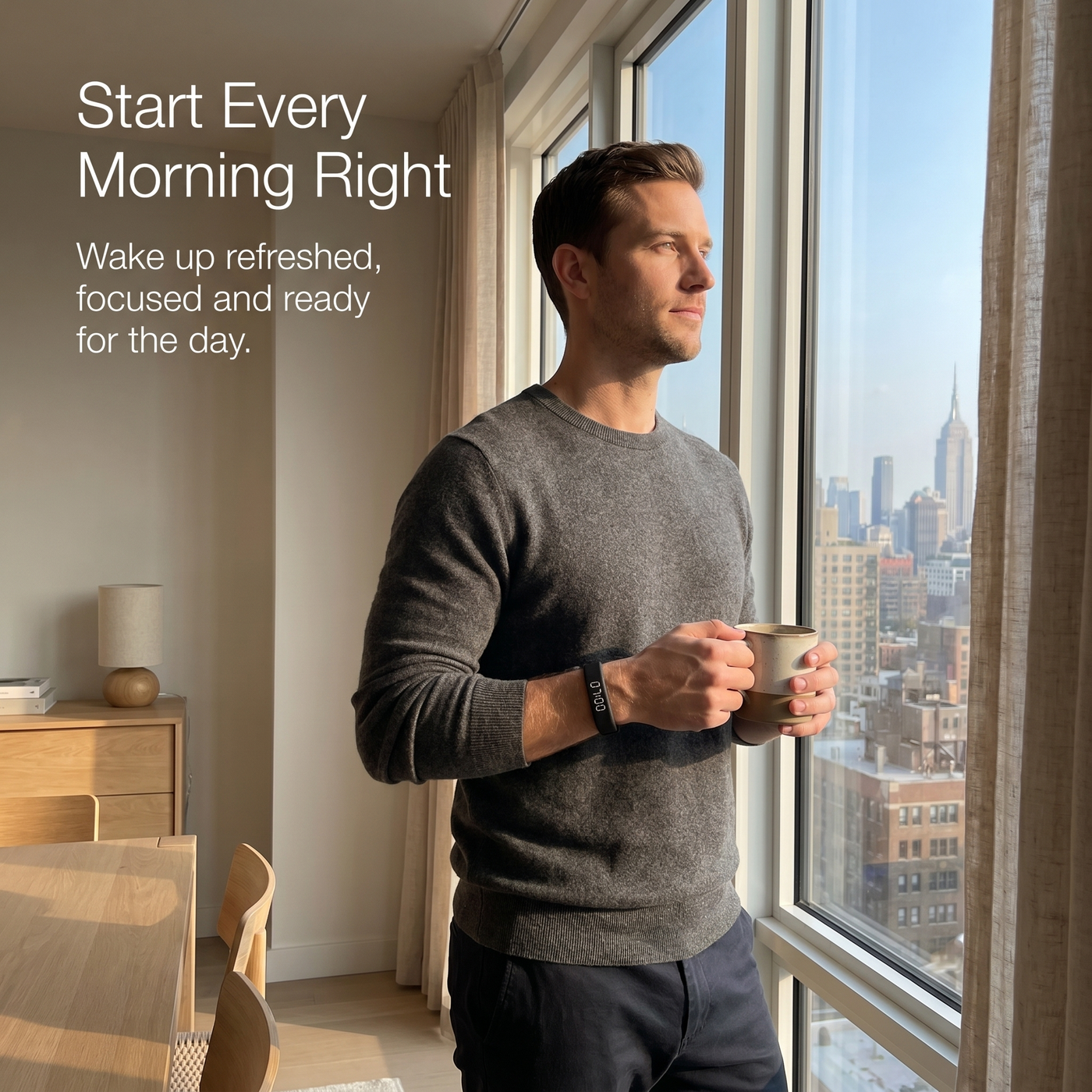 Person wearing the OnyxWake silent wrist alarm in the morning