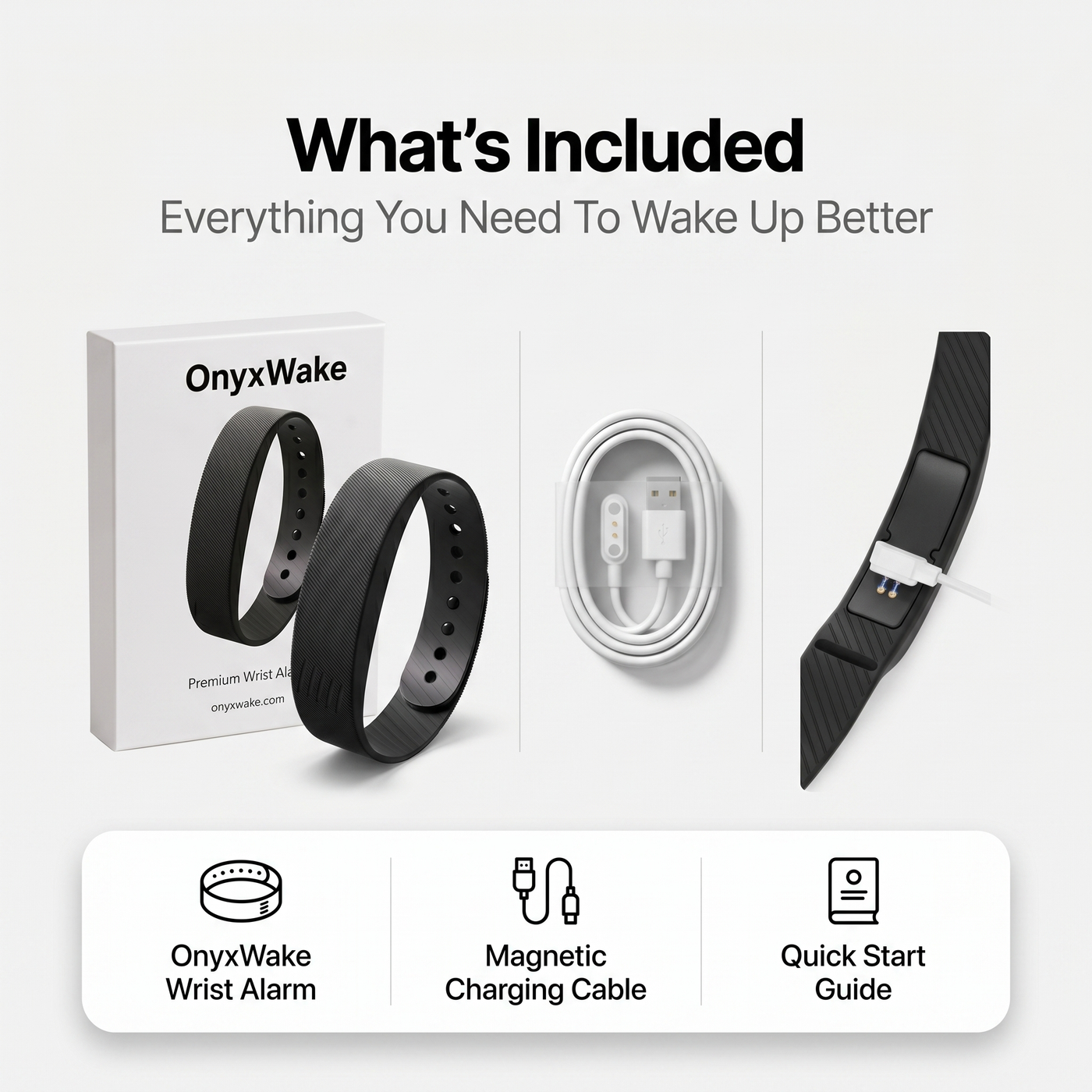 What is included in the OnyxWake silent wrist alarm box